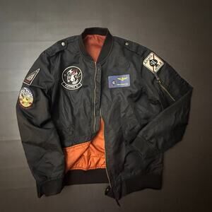 Vintage L-2 Bomber Jacket Mens XL Black Aviator 1990s Patches Top Gun Flight